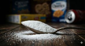 Primer plano de una cuchara derramando azúcar blanca refinada, representando el ingrediente oculto que afecta el bienestar y causa inflamación.